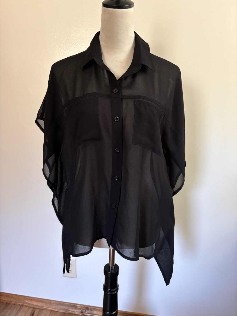 NWT Ark & Co Black Sheer Handkerchief Hem Poncho Cape Blouse Oversized Small